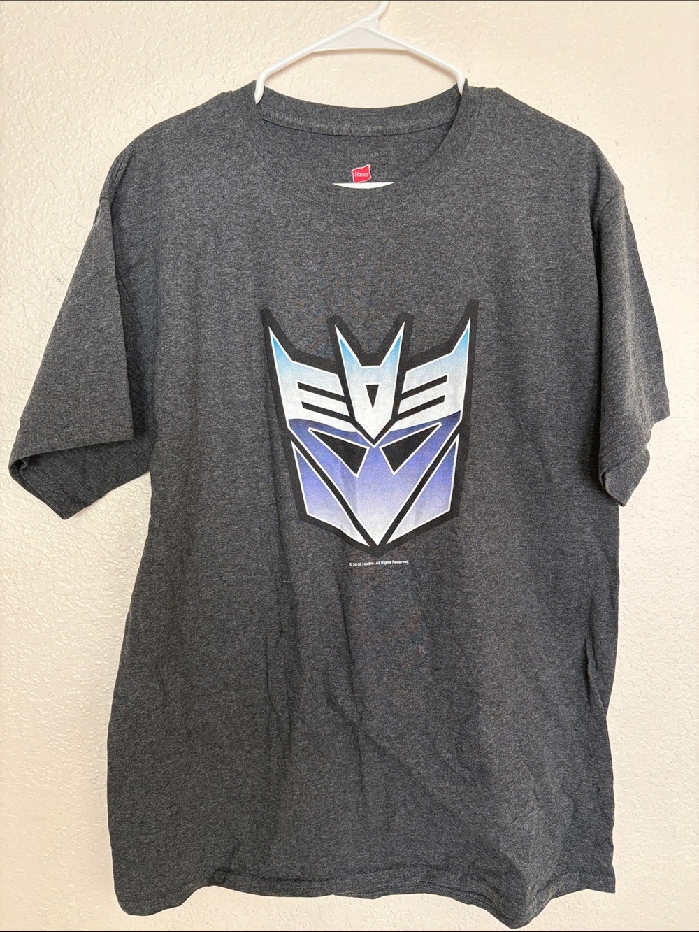 Hanes Charcoal Short Sleeve Tee with Blue Gradient Decepticon Emblem